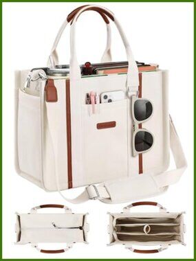 Canvas Tote Bag with Zipper Multi Compartment Reinforced Bottom